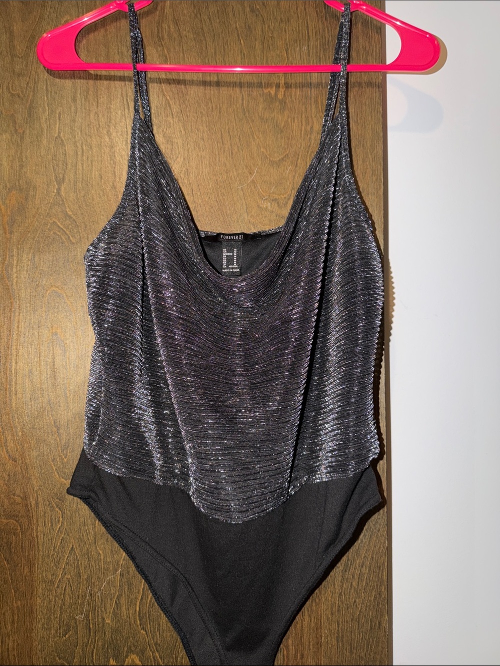 Forever 21 Black Silver Metallic Cowl Neck Bodysuit